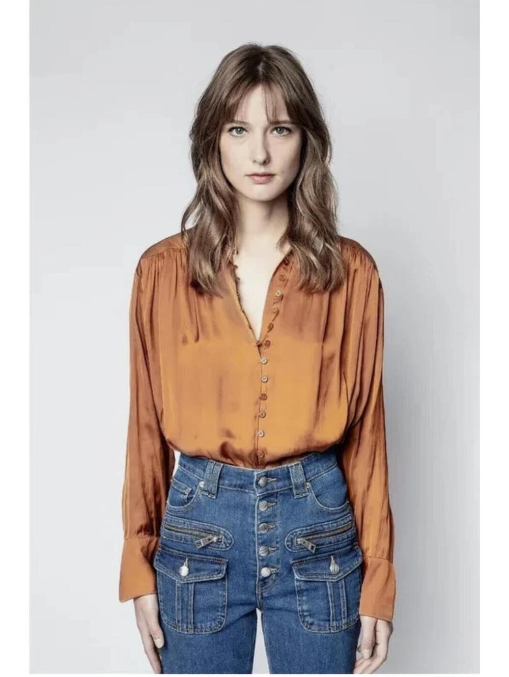 NWT Zadig & Voltaire copper-brown satin button-up blouse. XS